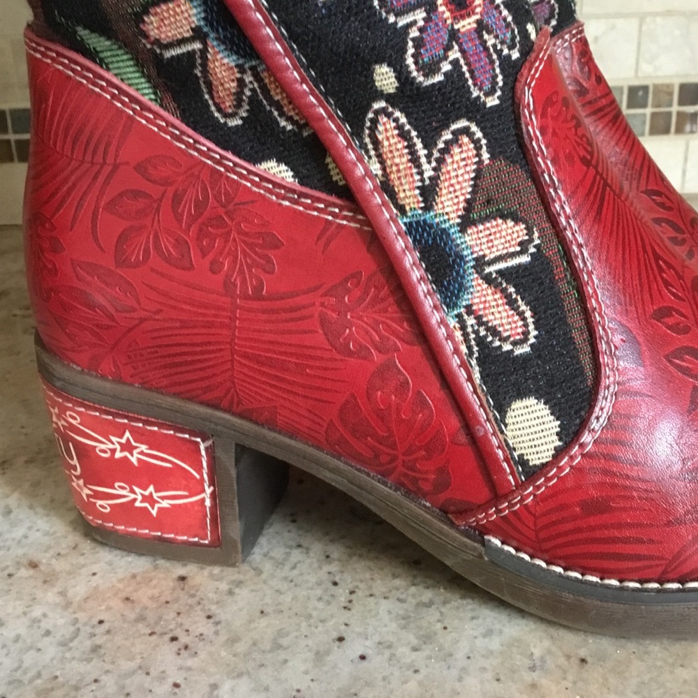 NEW Socofy Red Black Floral Boho Textile Tapestry Leather Tall Boots - Picture 4 of 13